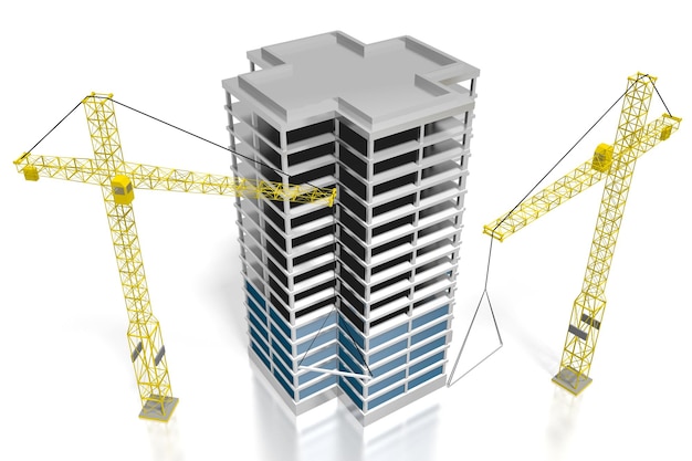 近代的なオフィスビルと建設用クレーンの 3 D イラストレーション