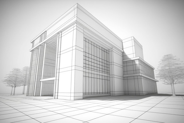 Modern Office Building Wireframe in Perspective