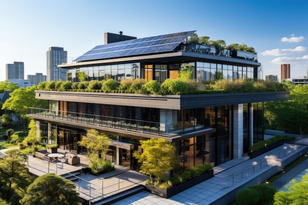 Modern office building with energyefficient design and rooftop garden Generative AI