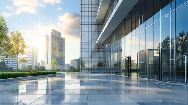 Photo a modern office building with glass exterior and a clean open plaza in front