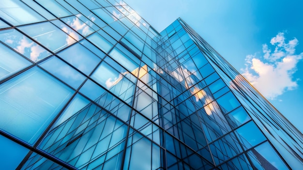 Modern office building with glass facade on clear sky background Transparent glass wall of office building