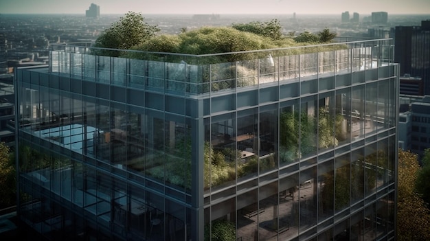 Modern office building with a glass facade and greenery on the rooftop Generative AI technology