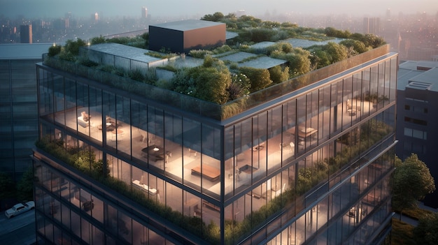 Modern office building with a glass facade and greenery on the rooftop Generative AI technology