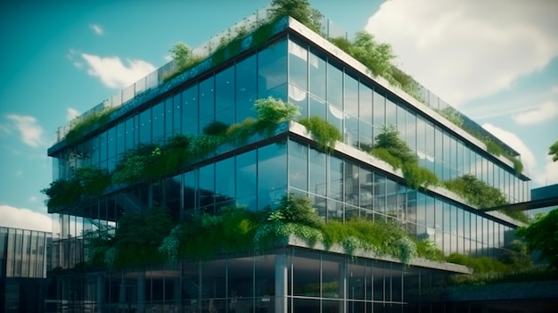 Modern office building with a glass facade and greenery on the rooftop Generative AI