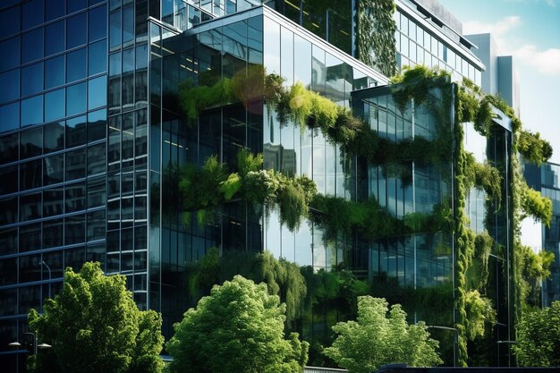 Modern office building with glass wall and green trees City landscape