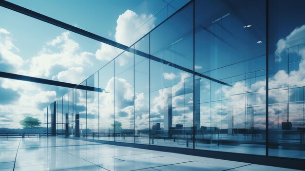 Modern office building with glass wall windows reflected clouds sky AI generated image
