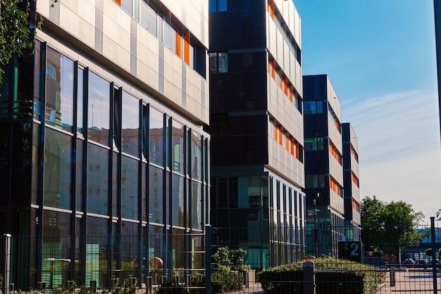 Modern office building with green trees