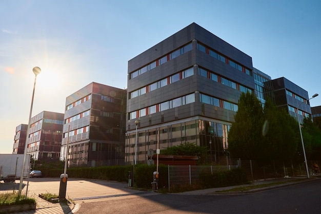 Modern office building with green trees