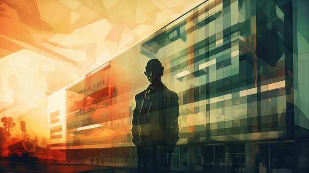 Modern office building with man silhouette painting in Cubism style Illustration AI GenerativexA