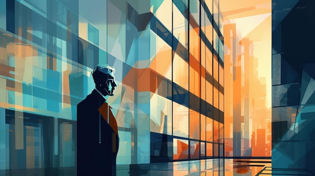 キュービズム風の男性シルエット画が描かれた近代的なオフィスビル イラスト AI GenerativexA