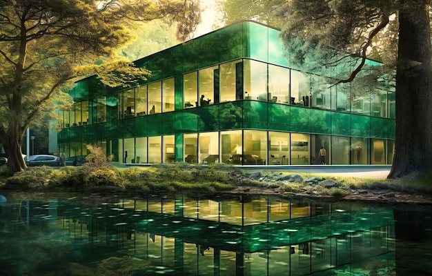 Modern office building with tree in the reflection of a glass