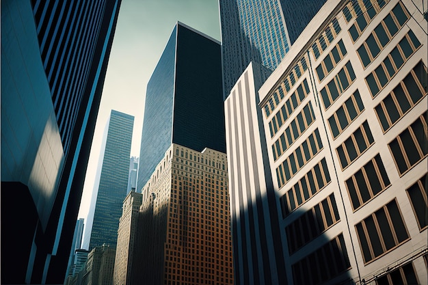 Современные офисные здания в центре Нью-Йорка высокое разрешение высокое разрешение яркий солнечный день небоскребы население спешит успех работа городской трафик многолюдные стеклянные башни AI