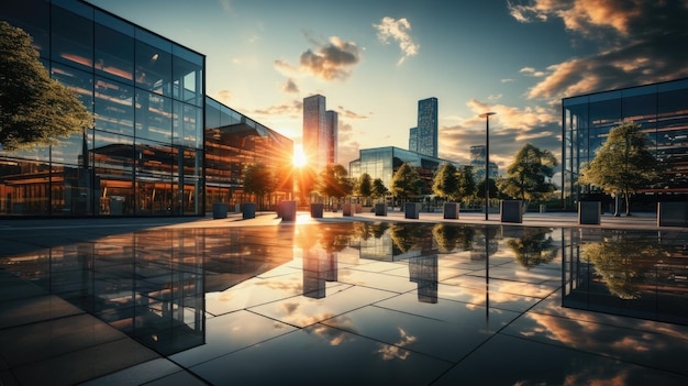 modern office buildings with big reflective windows under the soft sunlight