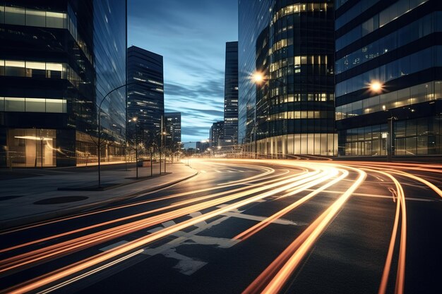 Modern office buildings with light trails of night