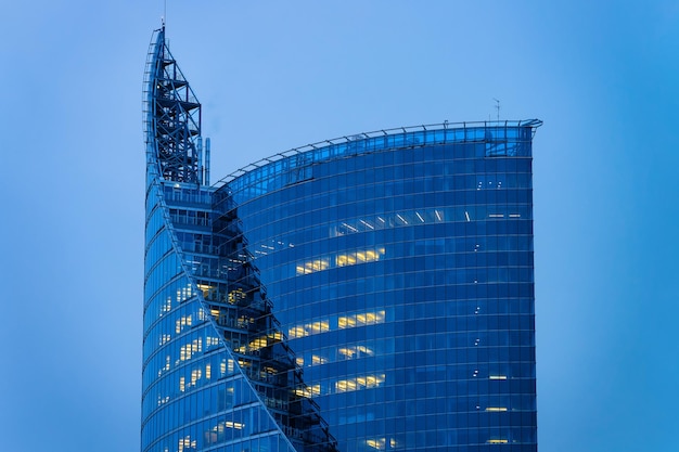 Modern office business skyscrapers in Riga in Latvia. In the evening