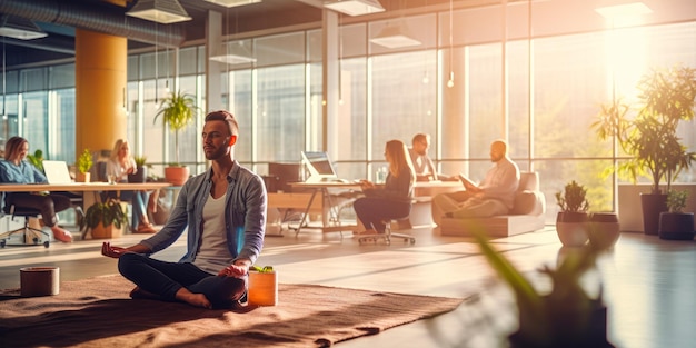 a modern office concept that incorporates wellness areas. Created with generative AI technology.