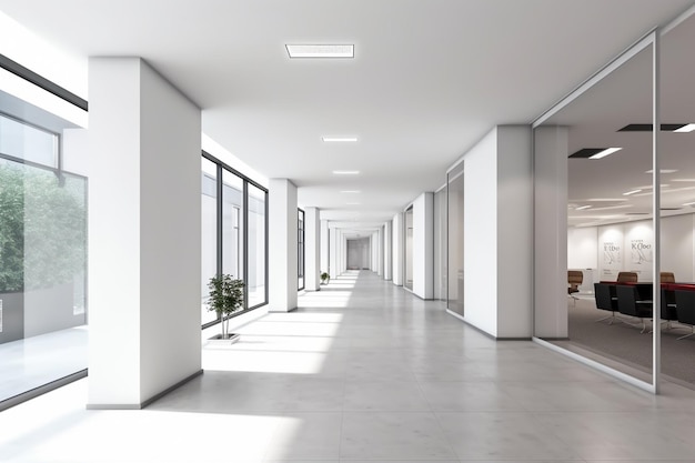 Modern office corridor or hallway interior with empty space over the white wall and the meeting room