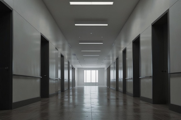 Modern office corridor or hallway interior with empty space over the white wall and the meeting room