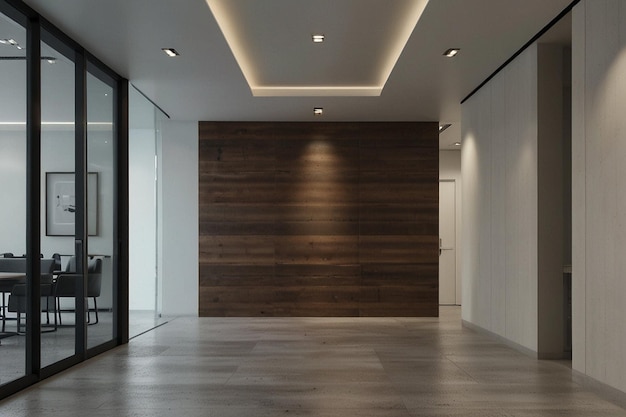 Modern office corridor or hallway interior with empty space over the white wall and the meeting room