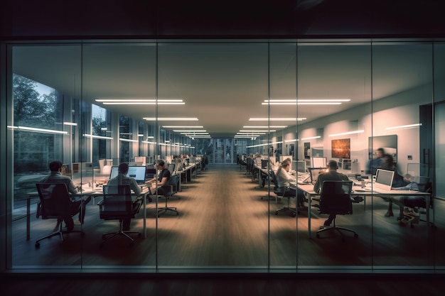 In a modern office the day unfolds in a blur of activity as people move about caught in a long exposure The scene captures the energy and productivity of the workplace Generative AI