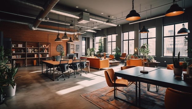 Modern office design with comfortable wooden chairs generated by AI