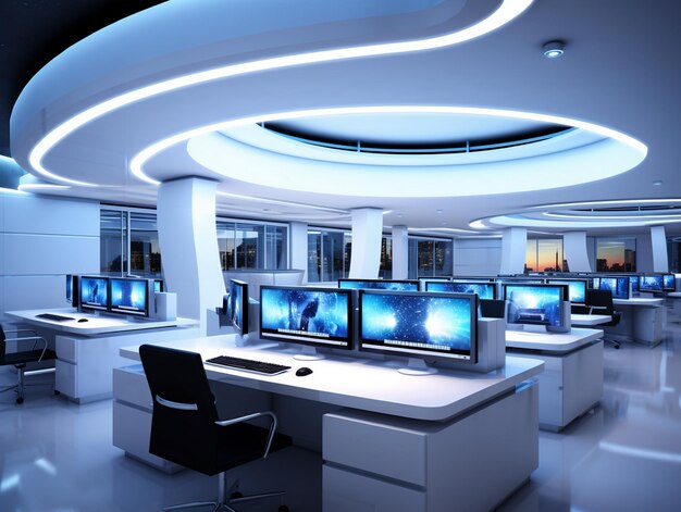 Фото Современный дизайн офиса с компьютерным оборудованием внутри