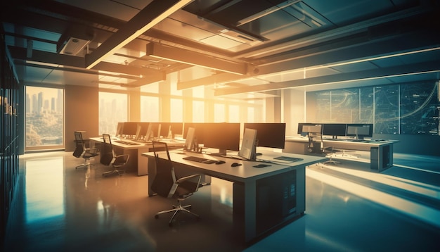 Modern office design with empty computer desk generated by AI