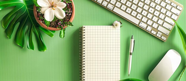 Modern office desk setup with notebook and laptop complemented by a fresh flower for a creative workspace