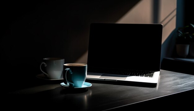 Photo modern office desk with laptop coffee cup and wireless technology generated by artificial intelligence