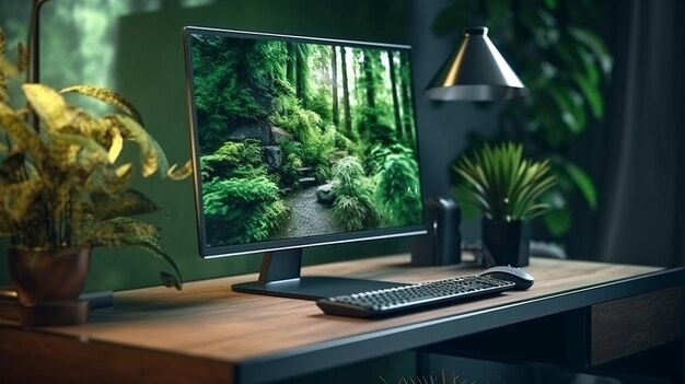 A modern office desk with table on personal computer screen in wallpaper