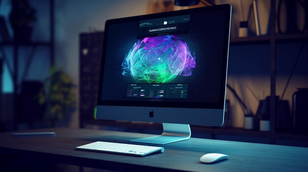 A modern office desk with table on personal computer screen in wallpaper