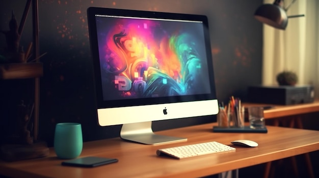 A modern office desk with table on personal computer screen in wallpaper