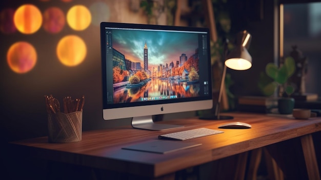 Photo a modern office desk with table on personal computer screen in wallpaper