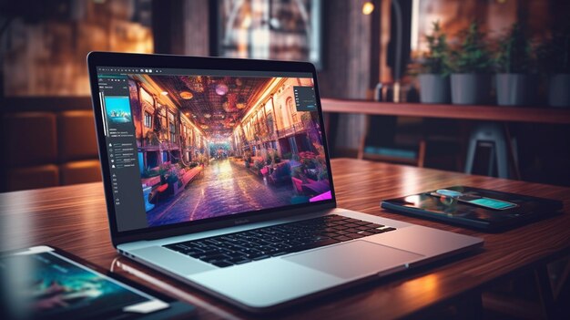 Photo a modern office desk with table on personal computer screen in wallpaper