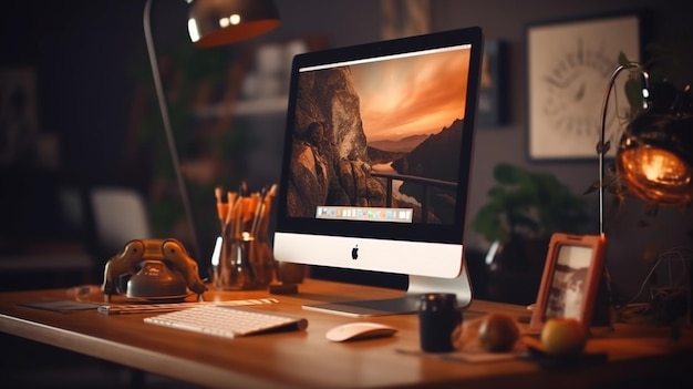 Photo a modern office desk with table on personal computer screen in wallpaper