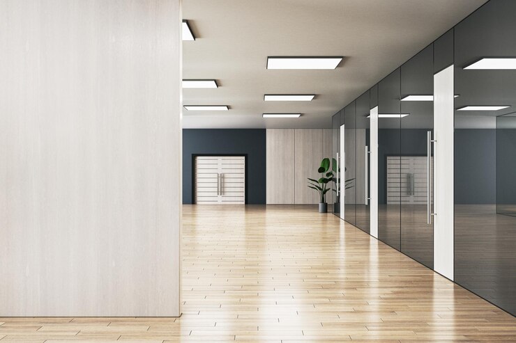 Photo modern office hallway interior with mock up place on wall wooden glass and concrete elements 3d rendering