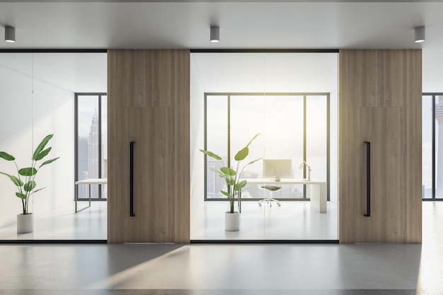 Modern office hallway interior with wooden concrete and glass elements window with city view and daylight decorative plants 3D Rendering