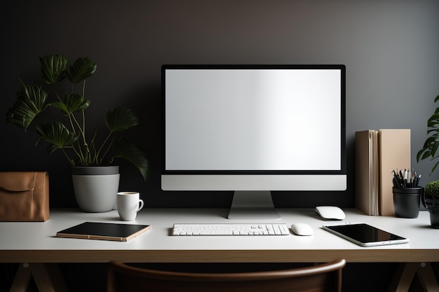 A modern office has a table with an empty screen