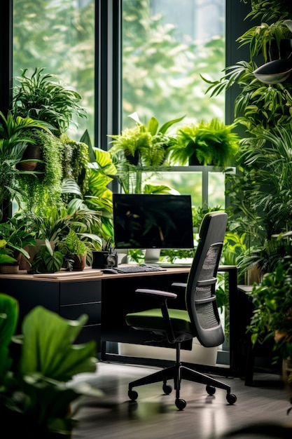 Modern office interior adorned with indoor plants and biophilic elements