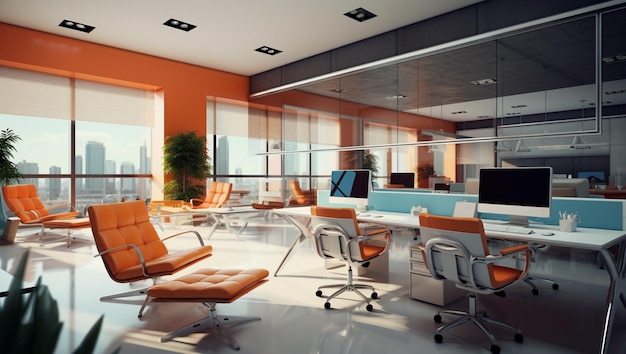 Фото Современный дизайн интерьера офиса с офисными стульями и столами