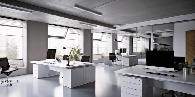 Современный интерьер офиса в помещении бизнес дизайн рабочего места светлое пространство Generative AI AIG18
