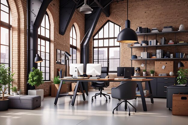 Modern office interior in loft industrial style 3d render