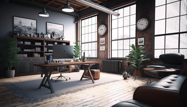 Modern office interior in loft industrial style 4k UH Generative Ai