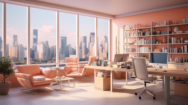 Modern office interior in peach color modern workspace with natural light