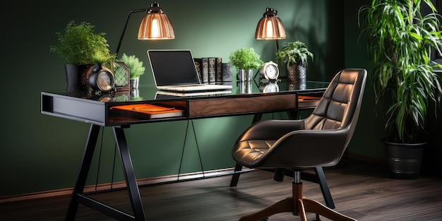 Modern office interior Stylish workplace desk dark minimal design