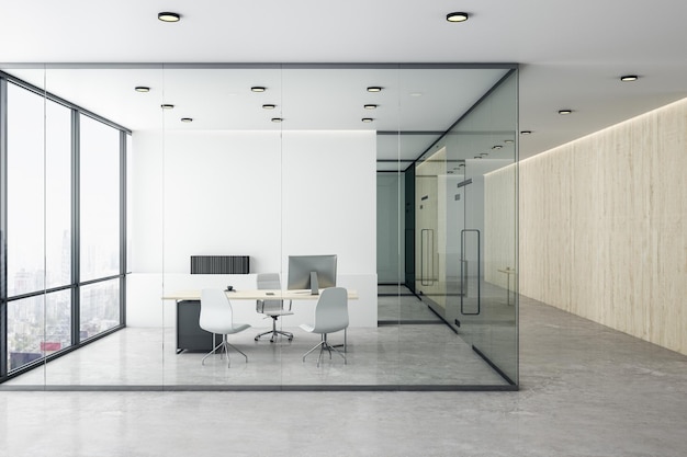 Modern office interior with blank wooden wall