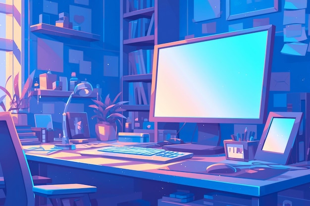 ミニマリストスタイルのデザインコンセプトでコンピュータデスクの椅子と本棚を備えた近代的なオフィスインテリア