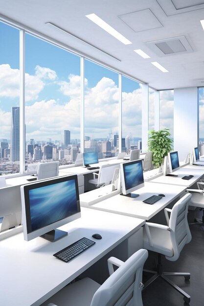 Modern office interior with computers and city view