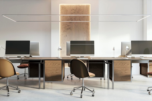 Modern office interior with computers on desks minimalist design beige and grey colors concept of a workplace 3D Rendering