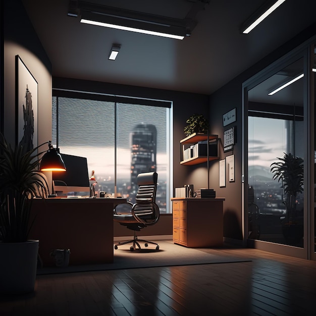 Modern office interior with desk computer at night created using generative ai technology